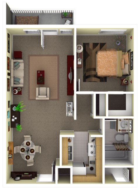 floorplan of a one-bedroom 1 bathroom unit with a balcony.